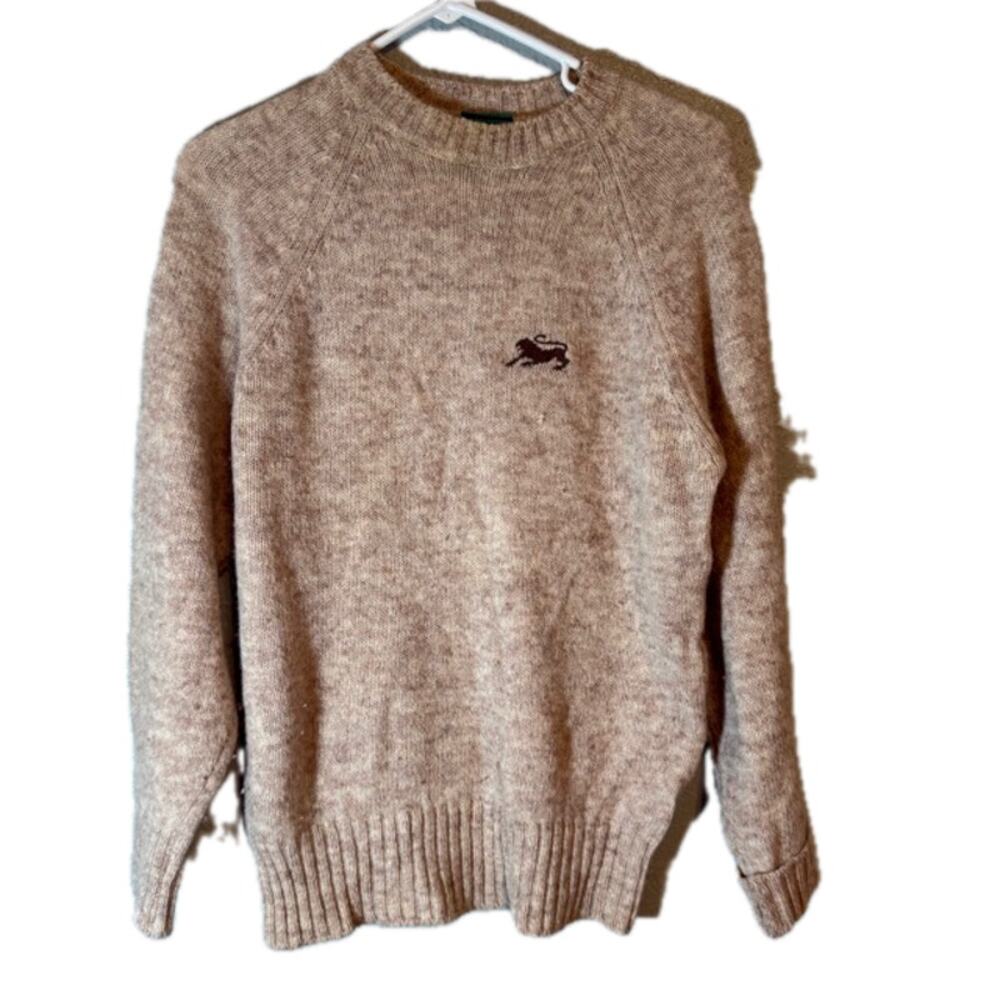 Canada Small Cream Shetland Wool Sweater Lion Embroidered Preppy Knit
